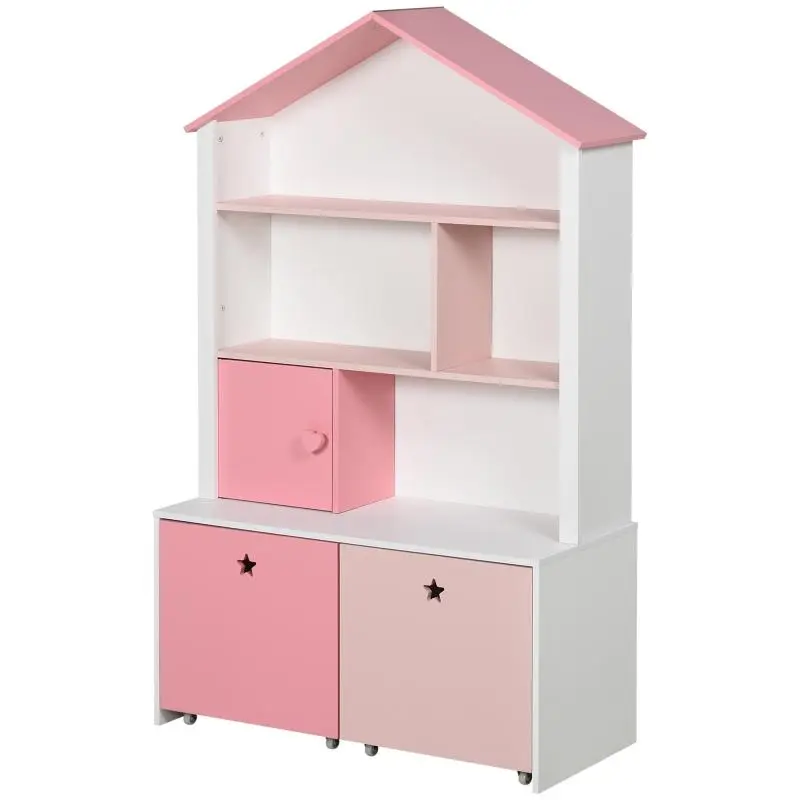 Pink Toy Storage Bookcase for Kids Rooms with 2 Pull-Out Drawers, 80 x 34 x 130 cm