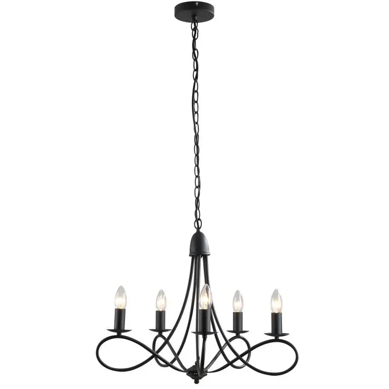 Rustic Style Ceiling Chandelier, Black Woven Steel with 5 Adjustable and Foldable Candle-Style Lights