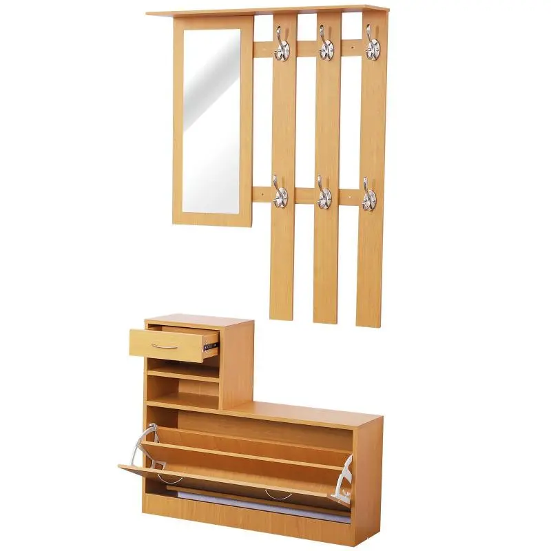 Modern Hallway Furniture Set with Shoe Cabinet and Mirror, Coat Rack with 6 Hooks, 2 Adjustable Shelves, and Wooden Drawers for Hallway, 90x24x166 cm, Wood