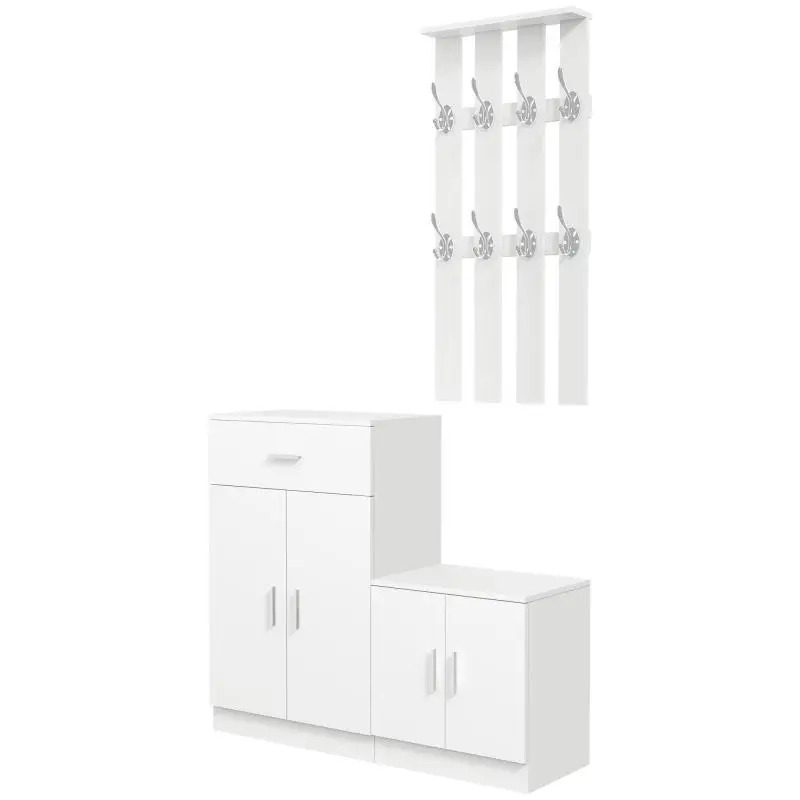 Wooden Shoe Rack and Coat Rack Combination Unit for Entryway and Bedroom – White, 100x32x187cm