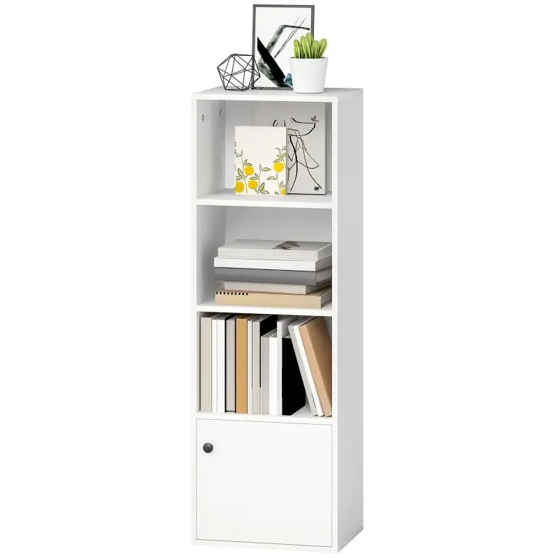 Modern 4-Tier Bookcase with Open Shelves and Door, 40x30x120 cm, White