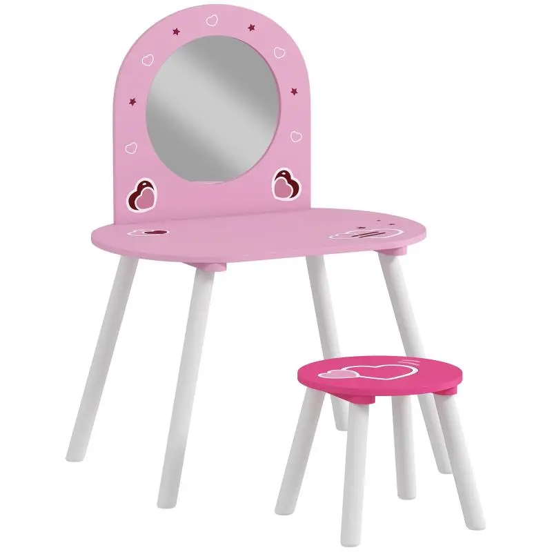 Children's Vanity Table with Stool and Mirror – Pink Heart-Themed Vanity for Girls and Boys Aged 3–6
