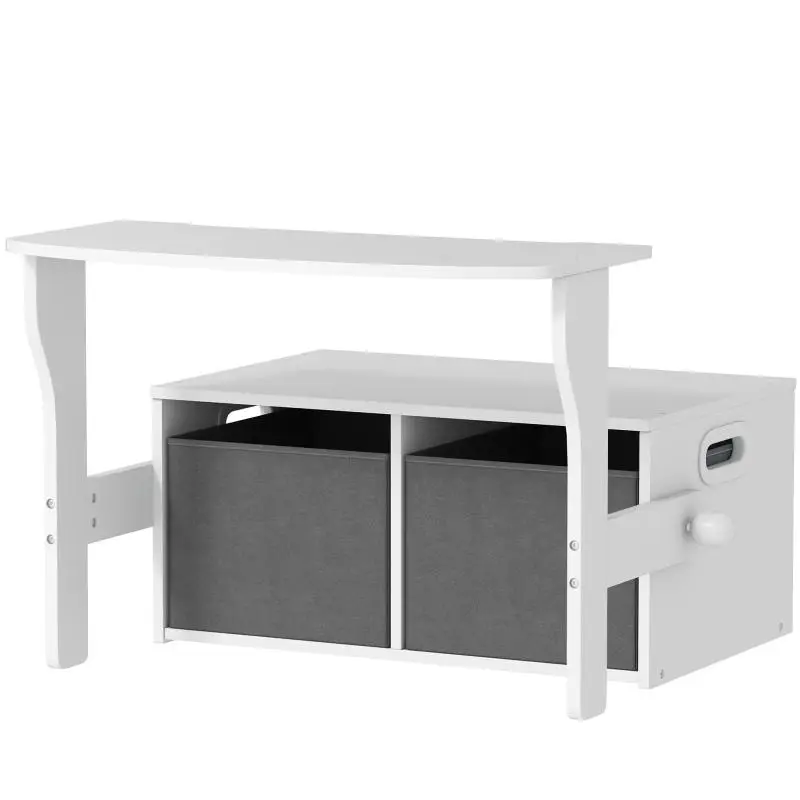 3-in-1 Convertible Kids' Bench, Table and Chair Set, and Toy Chest with Removable Fabric Bins – White