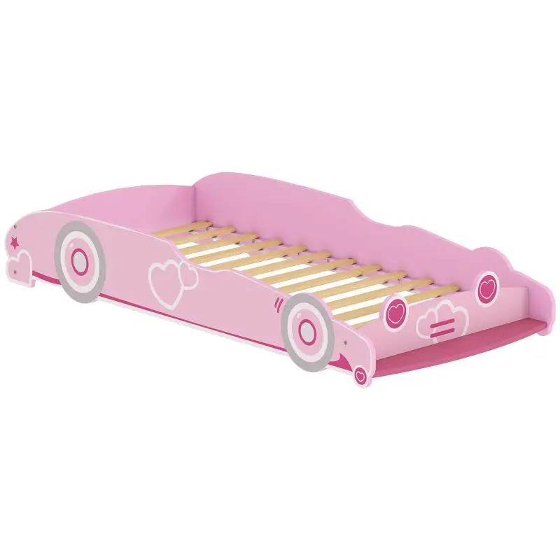 Children's Bed 70x140 cm with Anti-Fall Barrier and Slatted Base, Car-Shaped Headboard, Pink