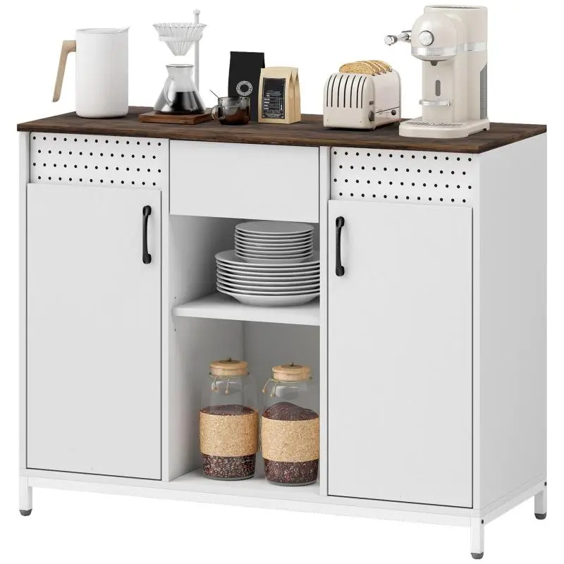 Living Room Sideboard with 2 Doors, Drawer, Open Compartments, and Adjustable Shelves – 100x40x80 cm – White