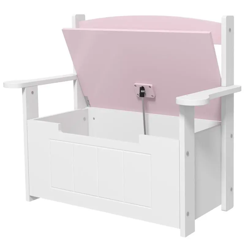 Children's Storage Bench with Backrest and Soft-Close Lid, 30 kg Load Capacity, for Playrooms, 68.5x34x58 cm, Pink and White