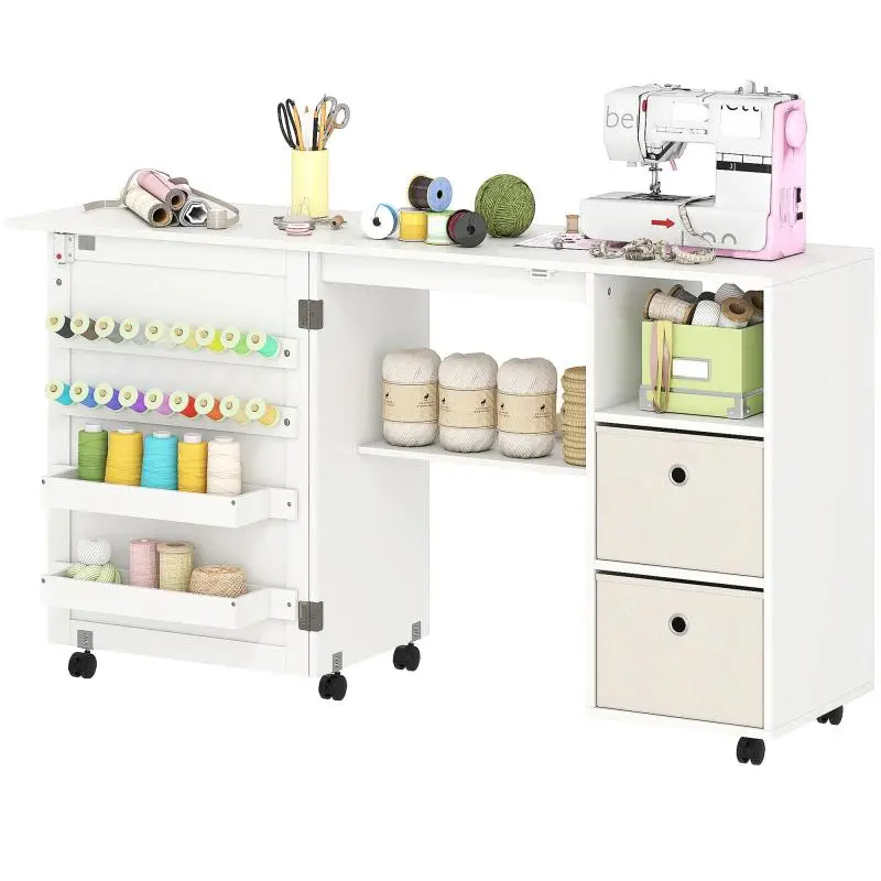 Foldable Sewing Table with 6 Wheels, 18 Pegs, 2 Drawers, and 3 Compartments – White