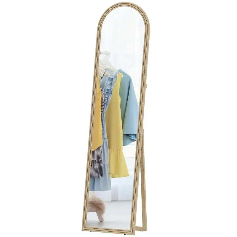 Full-Length Floor Mirror with Stone-Effect Frame – Arched Wall Mirror (2-in-1 Use) – 40 x 3.7 x 160 cm – Beige