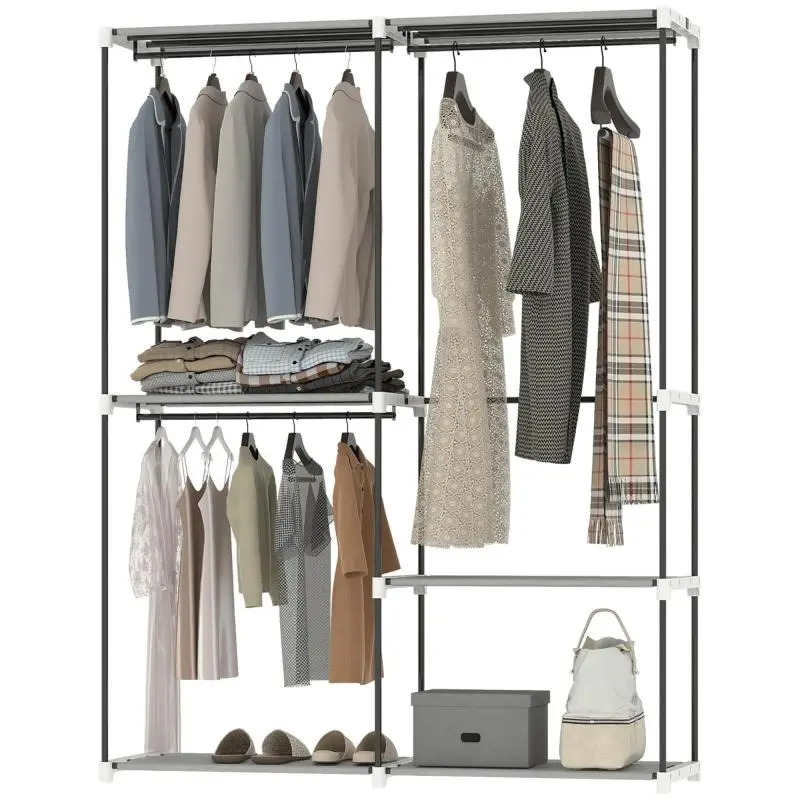 Open Wardrobe with 4 Fabric Shelves, 3 Hanging Rails, and Metal Frame – 142 x 43 x 185 cm – Cream