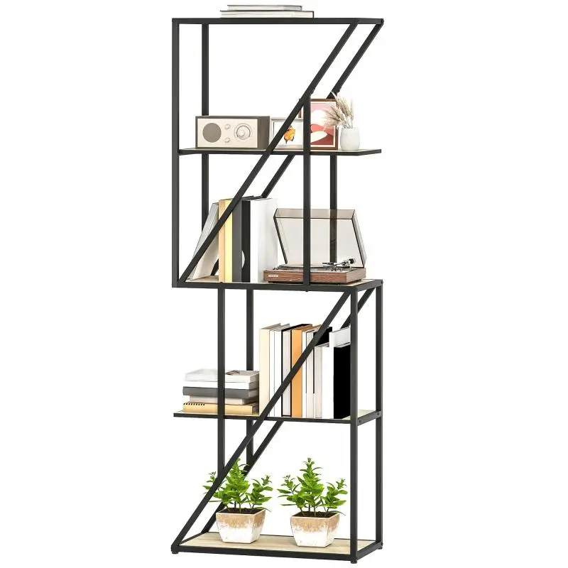 5-Tier Industrial Bookshelf with Open Shelves and Steel Frame, 60x30x165 cm, Oak