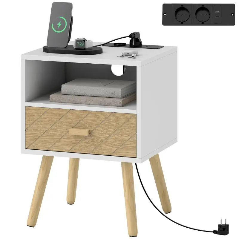 White Nightstand with Charging Station, Drawer, 2 AC Outlets, USB Type-C Port, Open Compartment, and Wooden Legs