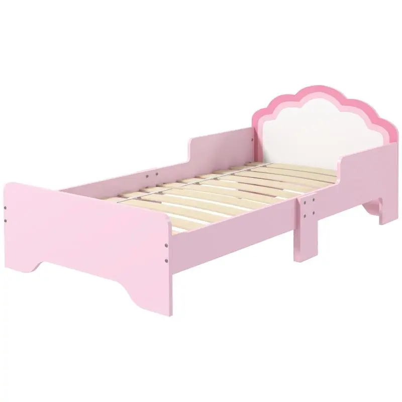 70x140 cm Toddler Bed with Safety Rail, Slatted Base, and Pink Cloud-Shaped Headboard