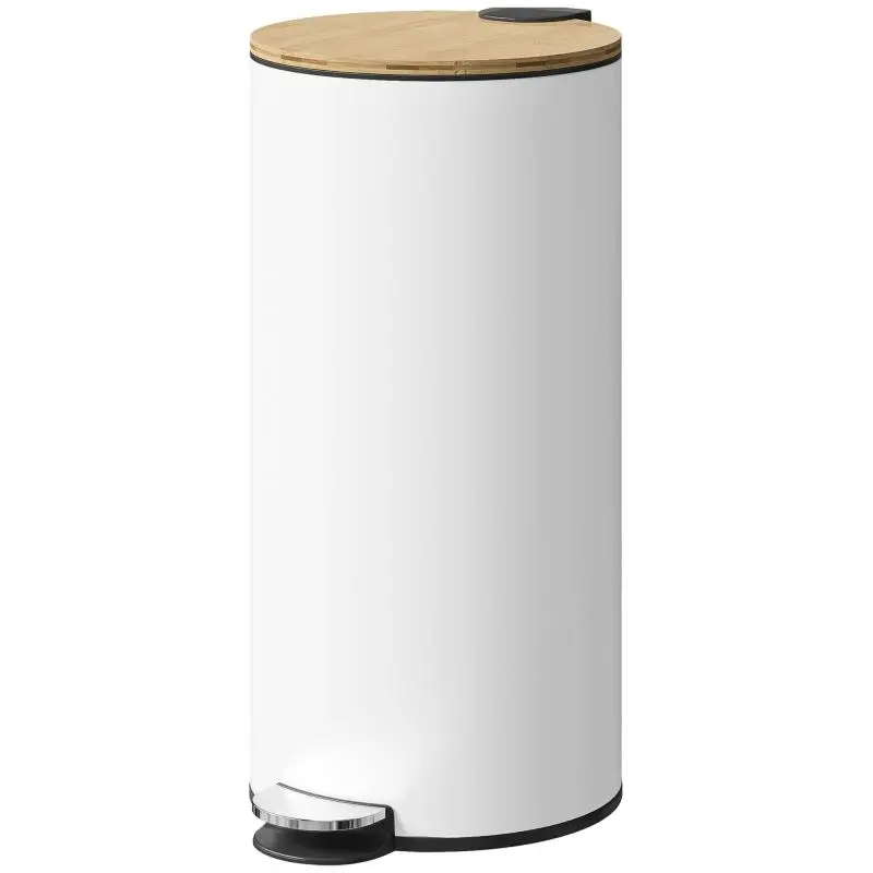 30L Kitchen Trash Can with Pedal, Soft-Close Bamboo Lid, and Removable Inner Bucket – White
