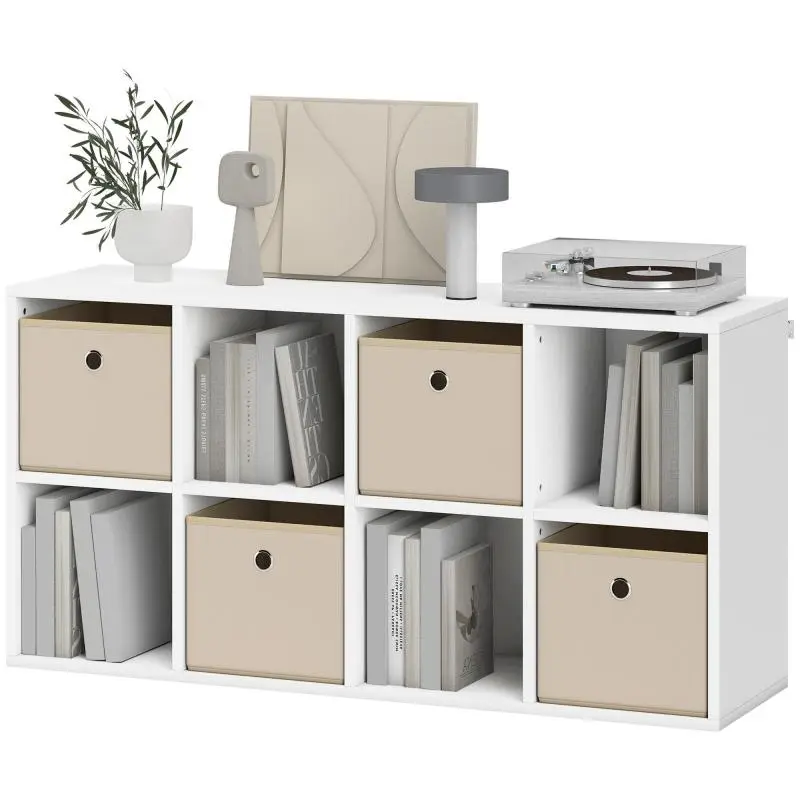 8-Cube Storage Unit with 4 Fabric Drawers (Horizontal or Vertical) for Living Room or Bedroom – 105.9 x 30 x 53.7 cm – White and Beige
