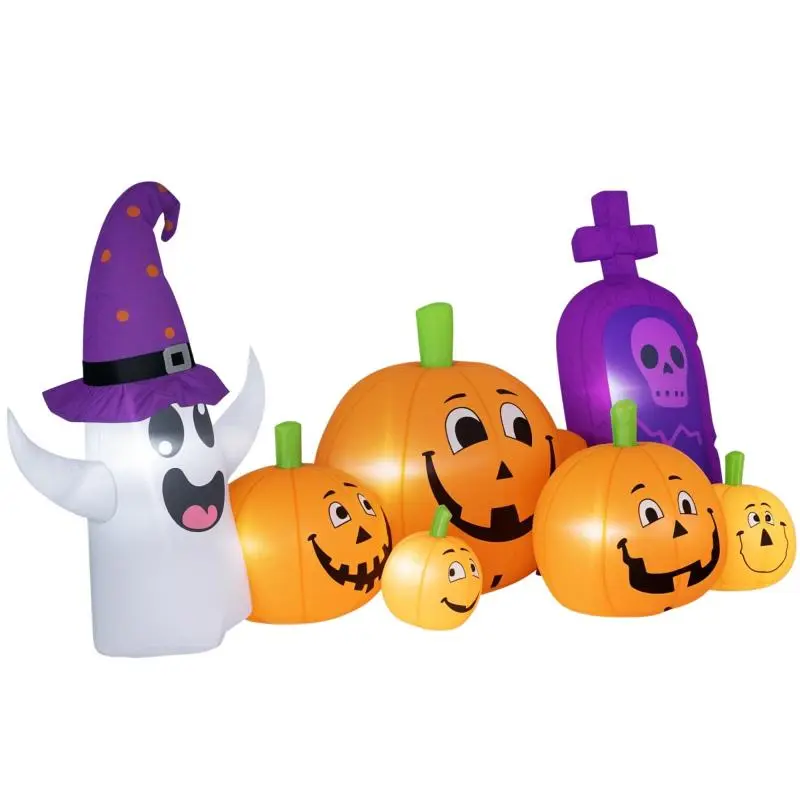 Inflatable Halloween Pumpkin with Ghost and Tombstone, LED Lights (IP44), and Inflator for Parties – 240x130x130 cm – Multicolor
