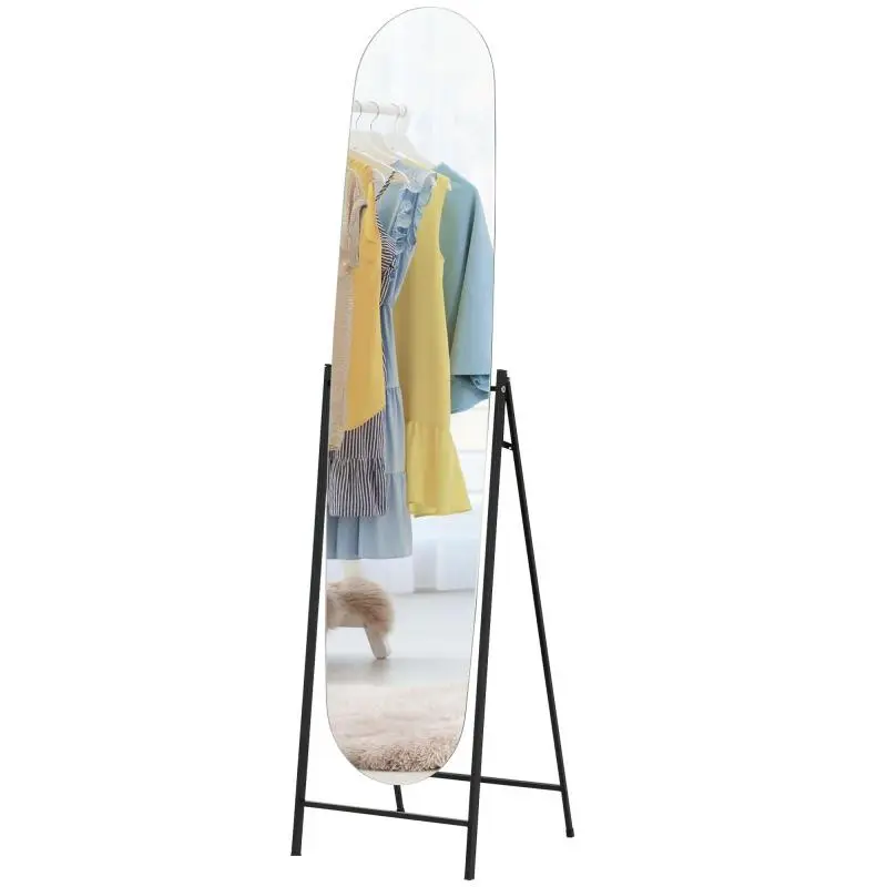 Arched Full-Length Mirror 160x40 cm, Frameless, Metal Stand, Freestanding or Wall-Leaning, Black