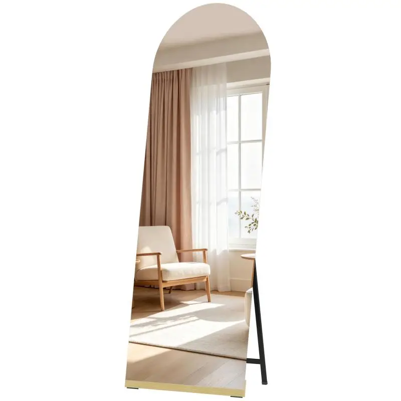 Frameless Curved Full-Length Mirror (160x50 cm) with Wooden Base – Freestanding Mirror