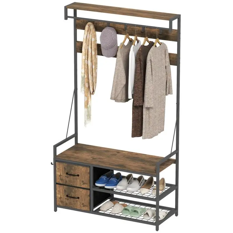 Coat Rack with Double Shoe Rack, 10 Adjustable Hooks, 2 Drawers and Hanging Bar, 100x40x180 cm, Rustic Brown
