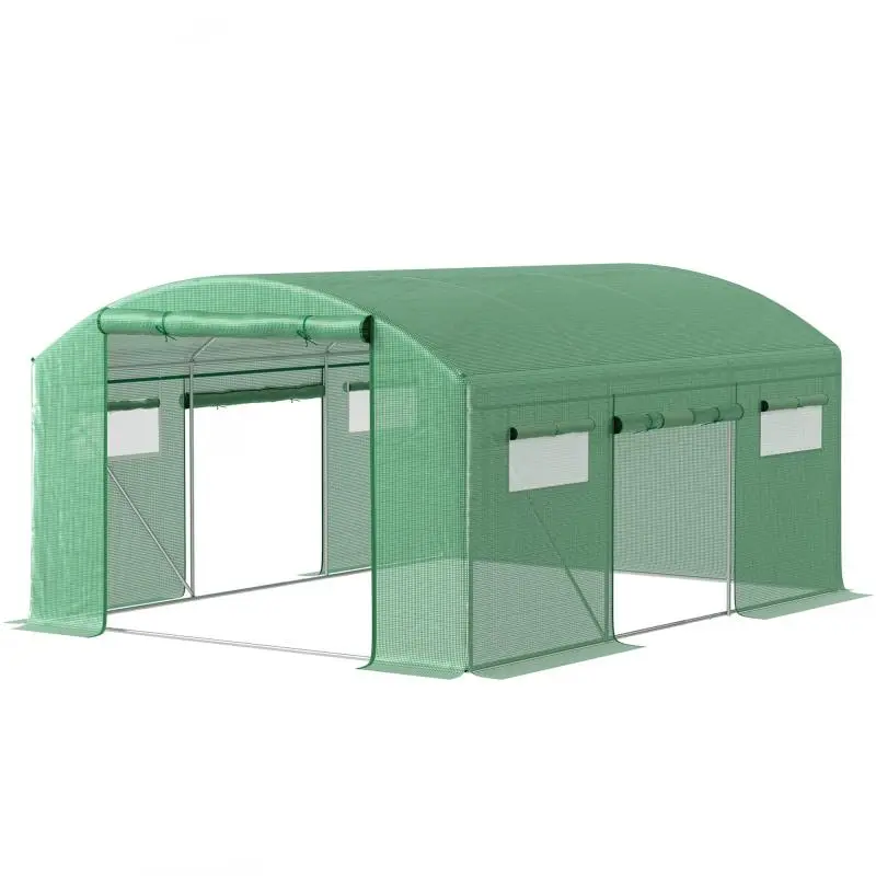 4x3x2m Tunnel Greenhouse with 6 Windows, 3 Roll-up Doors, PE Cover, and Green Galvanized Steel Frame
