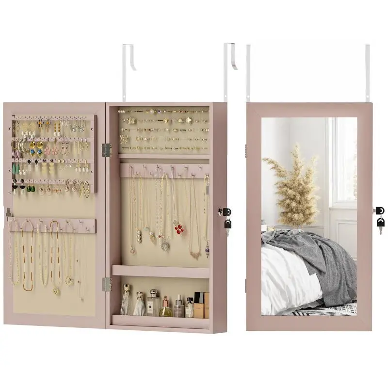 Lockable Wall-Mounted Jewelry Mirror with Multiple Compartments (Wall or Door Mount) – Pink with Beige Lining