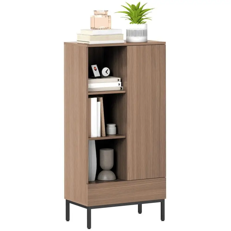 Modern Living Room Sideboard with Door, Drawer, Adjustable Shelf, and 3 Open Compartments (60x34x121 cm) – Natural Finish