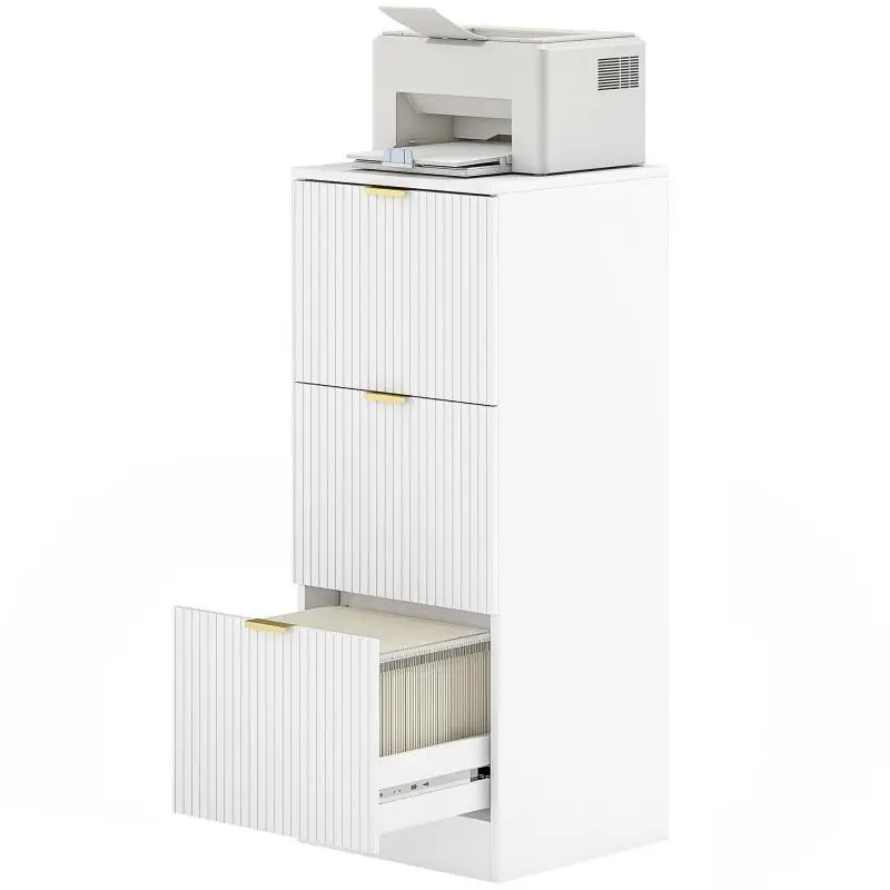 Desktop Drawer Unit with 3 Drawers, Fluted Fronts, Filing Cabinet for A4 or Letter Size, 40x40x101 cm, White