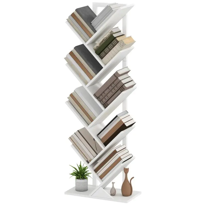 Tree-Shaped Bookshelf with 9 Shelves and Anti-Tip System for Living Room or Bedroom – White