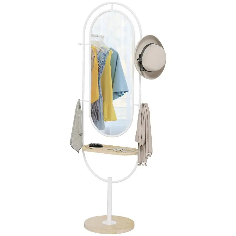Full-Length Mirror (175.5 x 50 cm) with Wooden Shelf, 4 Hooks, and Metal Frame – White