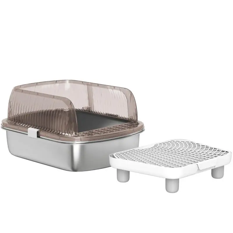 Covered Cat Litter Box with Stainless Steel Tray, High Sides, Scoop, Step, and Litter-Catching Area – Grey