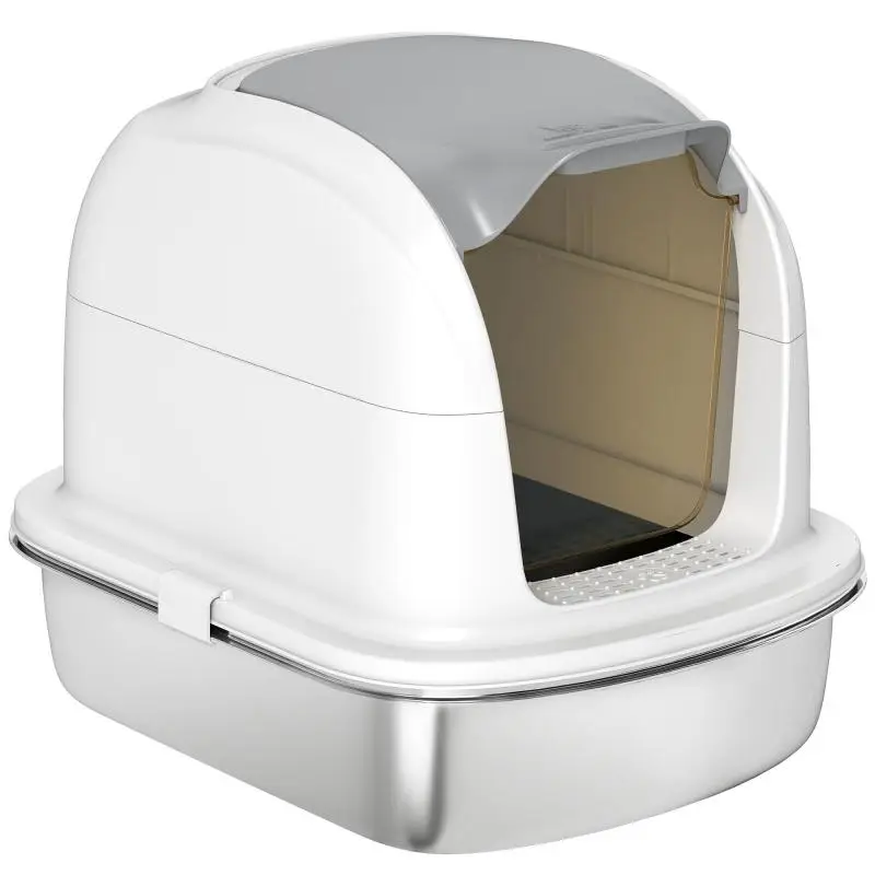 Extra-large Stainless Steel Cat Litter Box with Lid, High sides, Top Entry, and Scoop, White