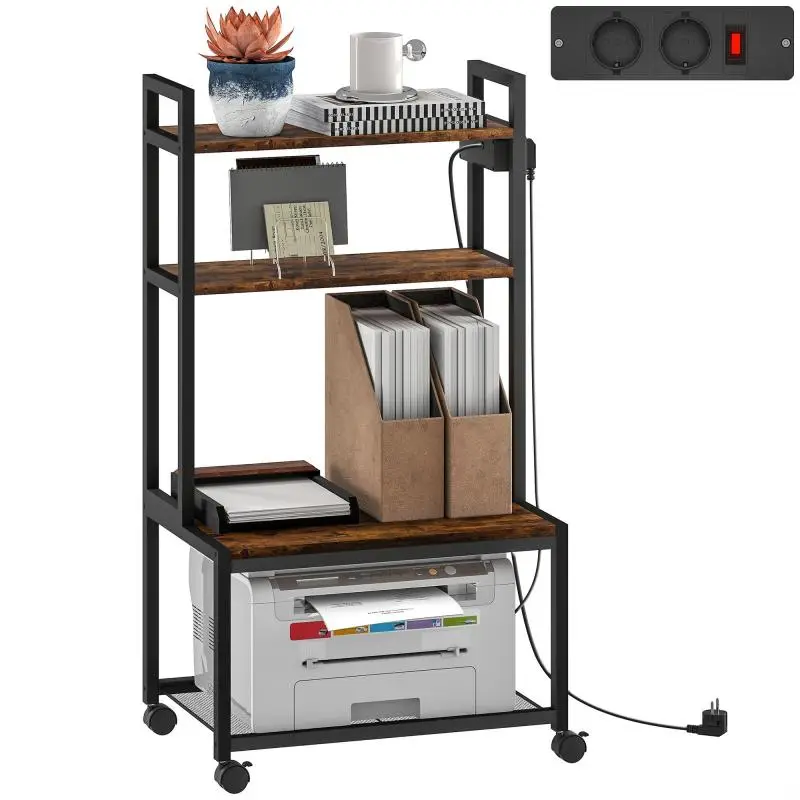 4-Tier Printer Stand with Charging Station, Wheels, and Metal Frame for Home Office – Rustic Brown