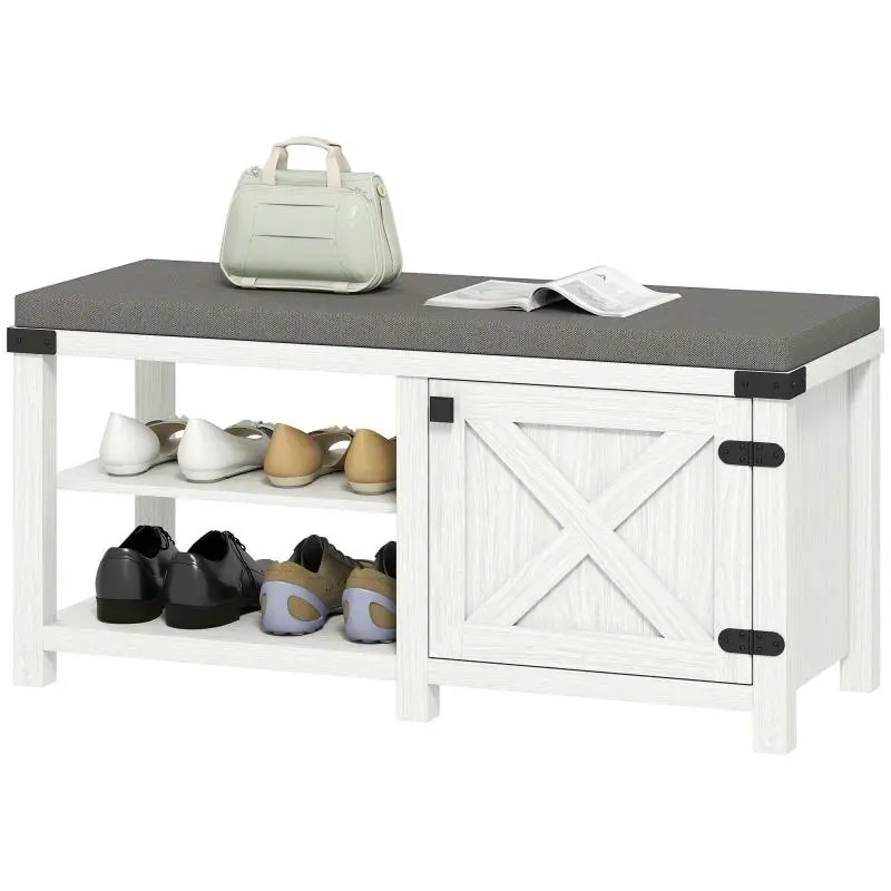Shoe Bench with Storage Compartments for 7 Pairs of Shoes – For Entryway, Living Room, or Bedroom – 100x40x48 cm – Off-White/Greyish White