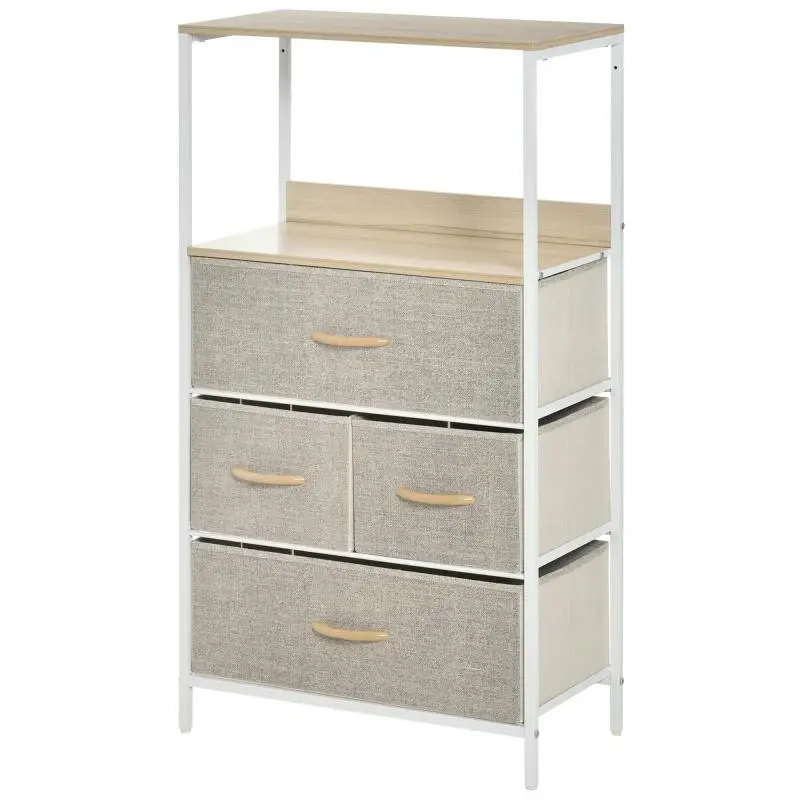 Fabric Chest of Drawers with 4 Drawers, Open Compartment, and Metal Frame – Grey Dresser for Bedroom or Hallway