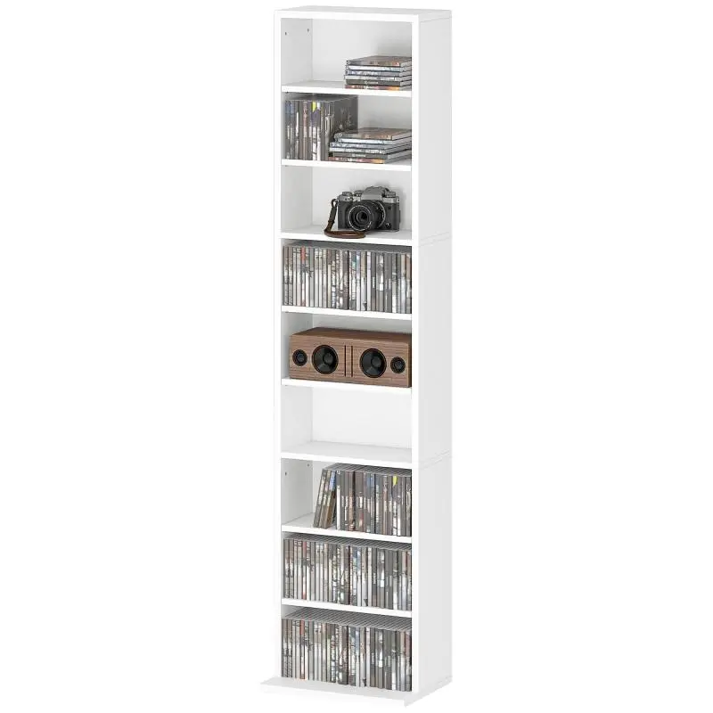 CD and DVD Rack with Adjustable Shelves, Slim Design, and Anti-Tip System – Holds 260 CDs, 33x24x140 cm, White