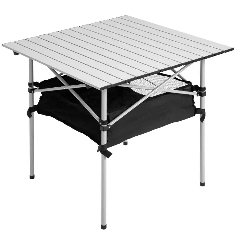 Folding Camping Table with Mesh Storage and Carry Bag for Outdoors, Garden, and Picnics – 70x70x69 cm – Silver