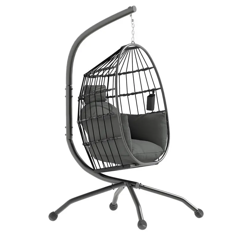 Hanging Chair with Stand, Foldable Basket, Cushion, and Headrest – Indoor/Outdoor – 120 kg Capacity – Black