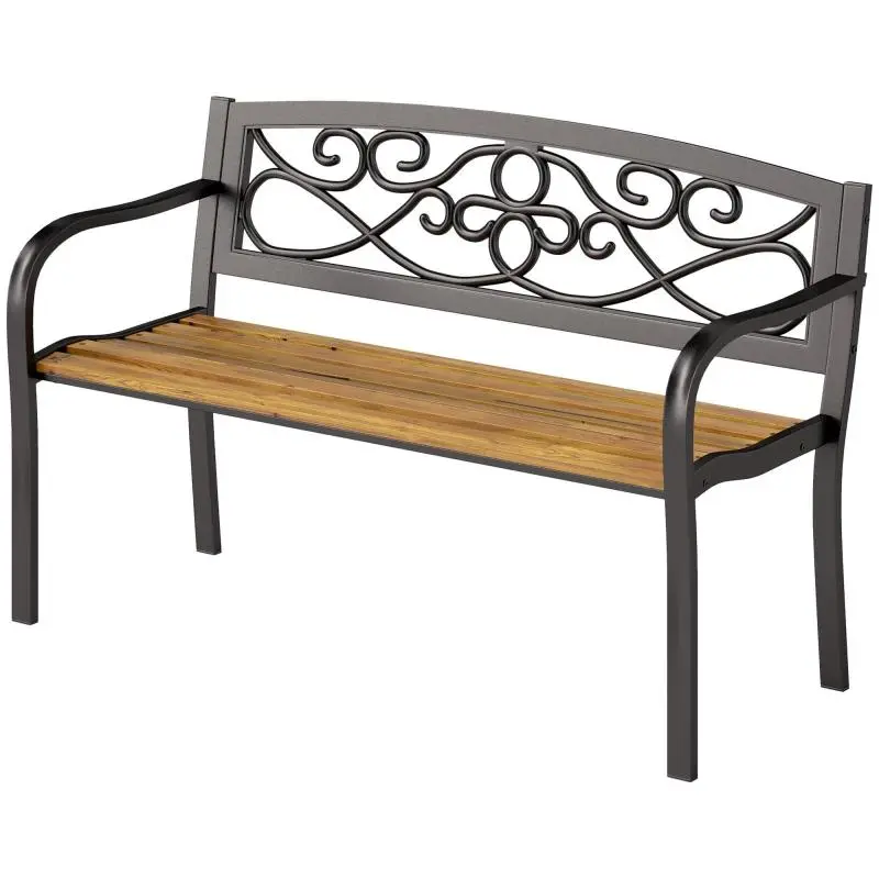 2-Seater Garden Bench with Wrought-Style Backrest and Curved Armrests – Elegant Design – 127x56x80 cm – Black and Wood