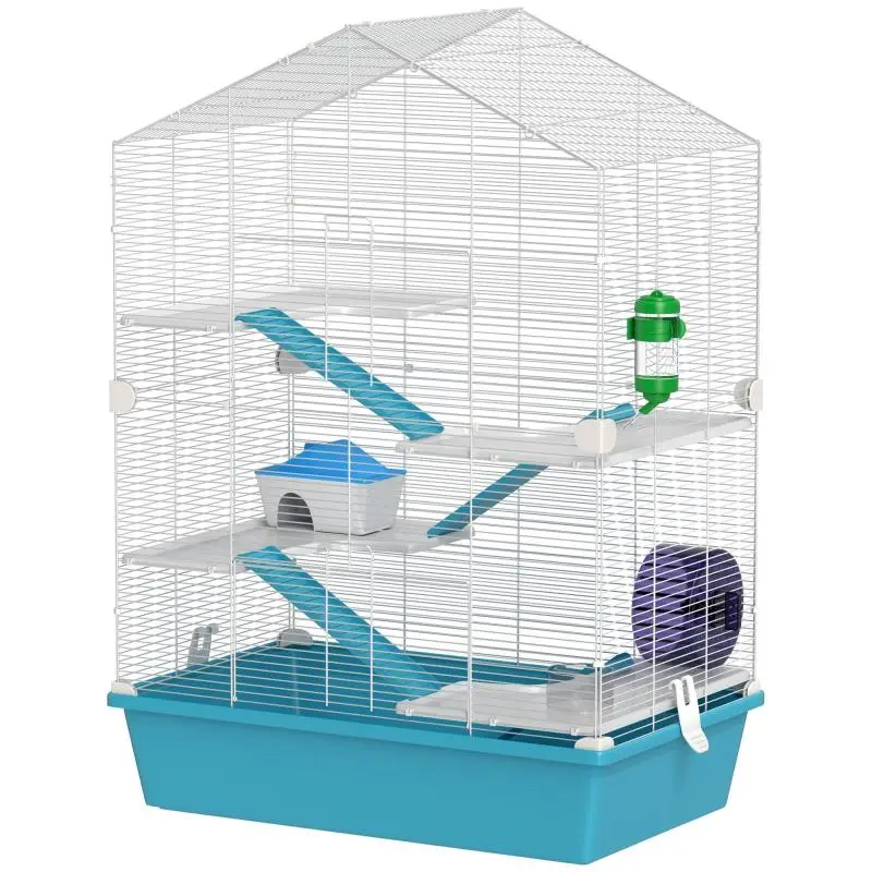 5-Level Hamster Cage with Platforms, Water Bowl, Little House, Ramps, and Exercise Wheel (58x36x81cm) – Light Blue