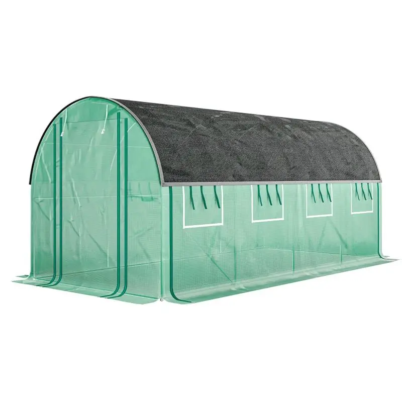 4.5 x 2 x 2 m Tunnel Greenhouse with 140 g/m² PE Cover, Roll-up Side Walls, 8 Windows, and 2 Doors – Green