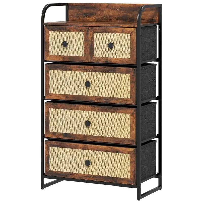 5-Drawer Bedroom Dresser with Rattan Fronts and Steel Frame, 58x29x99 cm, Rustic Brown