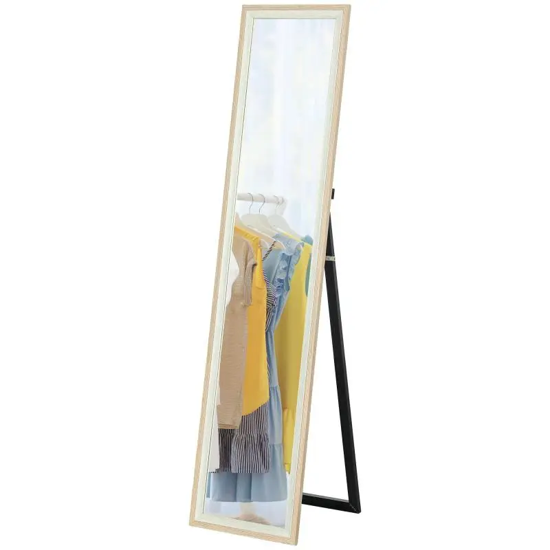 Full Length Mirror 157x37 cm Floor or Wall Mirror with MDF Frame and Stand White and Natural