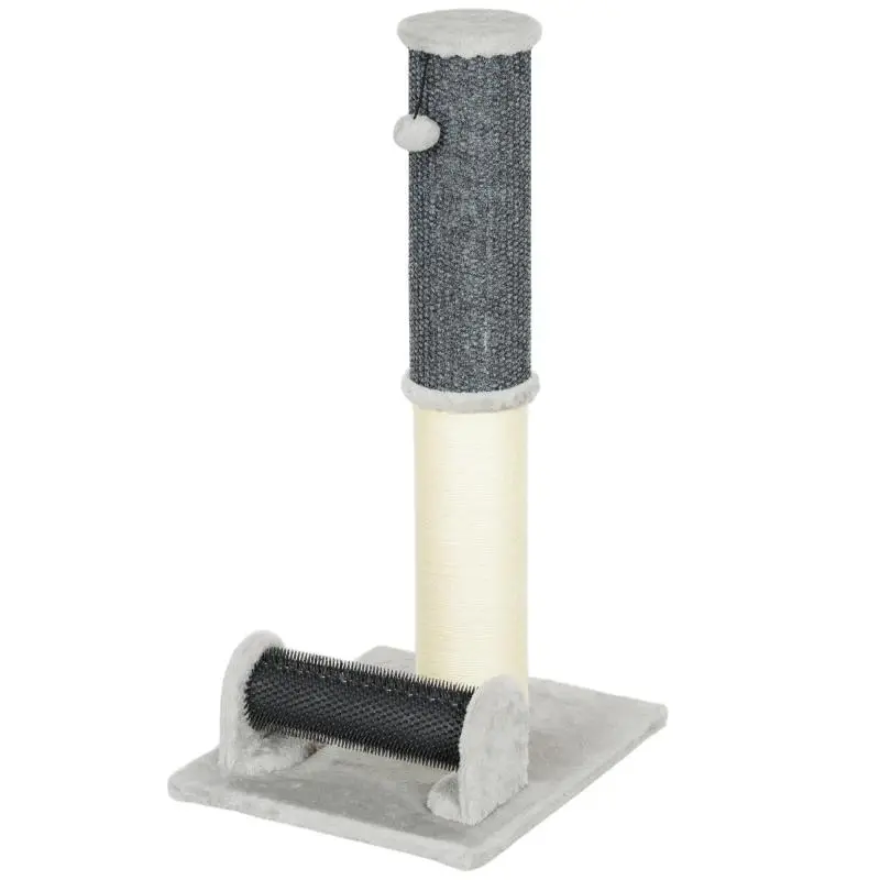 Sisal Cat Scratching Post with Self-Grooming Brush and Toy Ball, 40x48x85 cm, Grey and Cream