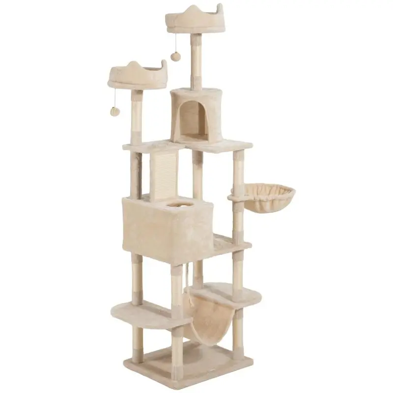 Large Multiple Levels Cat Scratching Tree 206cm Height with Caves, Hanging Balls and Hammocks Beige