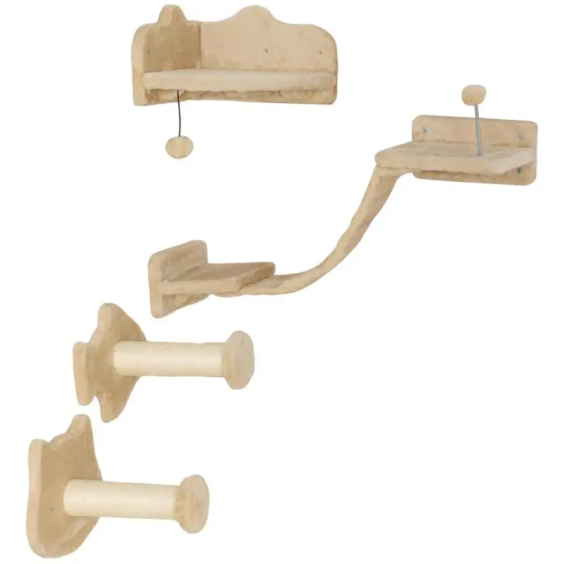 Wall Mounted Cat Scratcher with 2 Sisal Posts, Double Platform with Soft Ladder, Jumping Platform