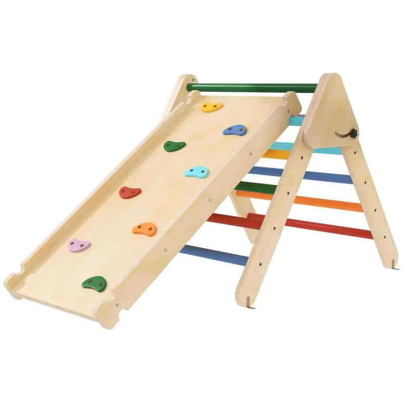 3-in-1 Wooden Climbing Triangle with Slide Climbing Ramp, 147 x 64.5 x 63 cm, Multicolored