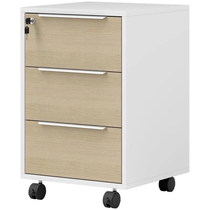 Mobile 3-Drawer Filing Cabinet with Lock and 2 Keys for Study or Living Room, 40x40x63.5 cm, White and Oak