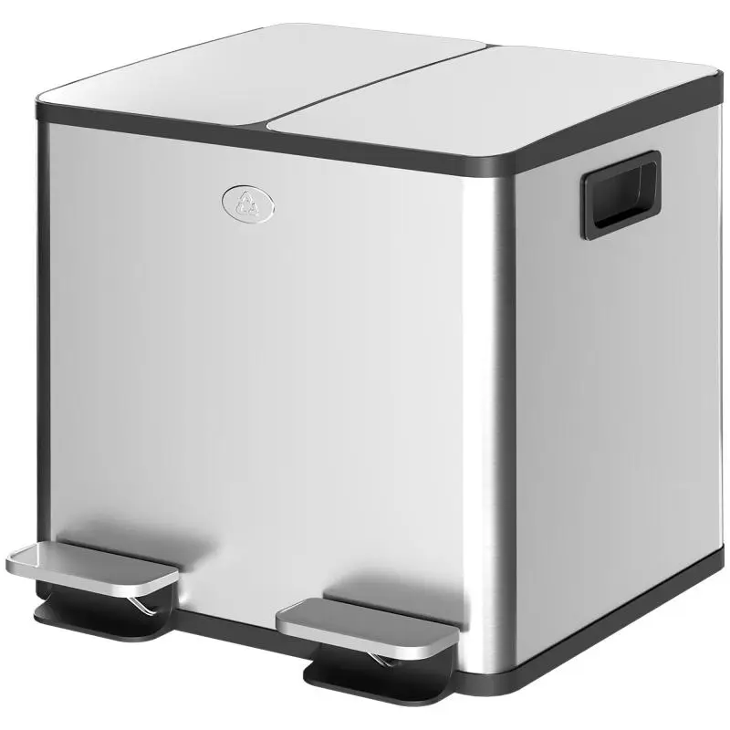 Stainless Steel Kitchen Trash Can with 2 Compartments (2x15L), Pedal, Soft-Close Lids, and Removable Inner Buckets – Silver