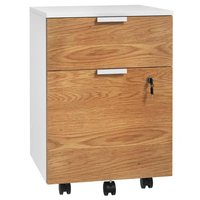 2-Drawer Mobile Filing Cabinet with Hanging Bar for A4 and Letter-Size Files and Lock, 42x40x60 cm – White and Natural