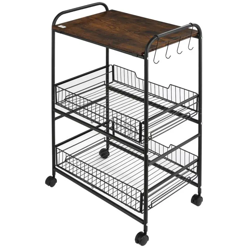 3-Tier Rolling Utility Cart – Kitchen Cart with 2 Baskets and 4 Hooks (60 x 38 x 85.5 cm) – Rustic Brown