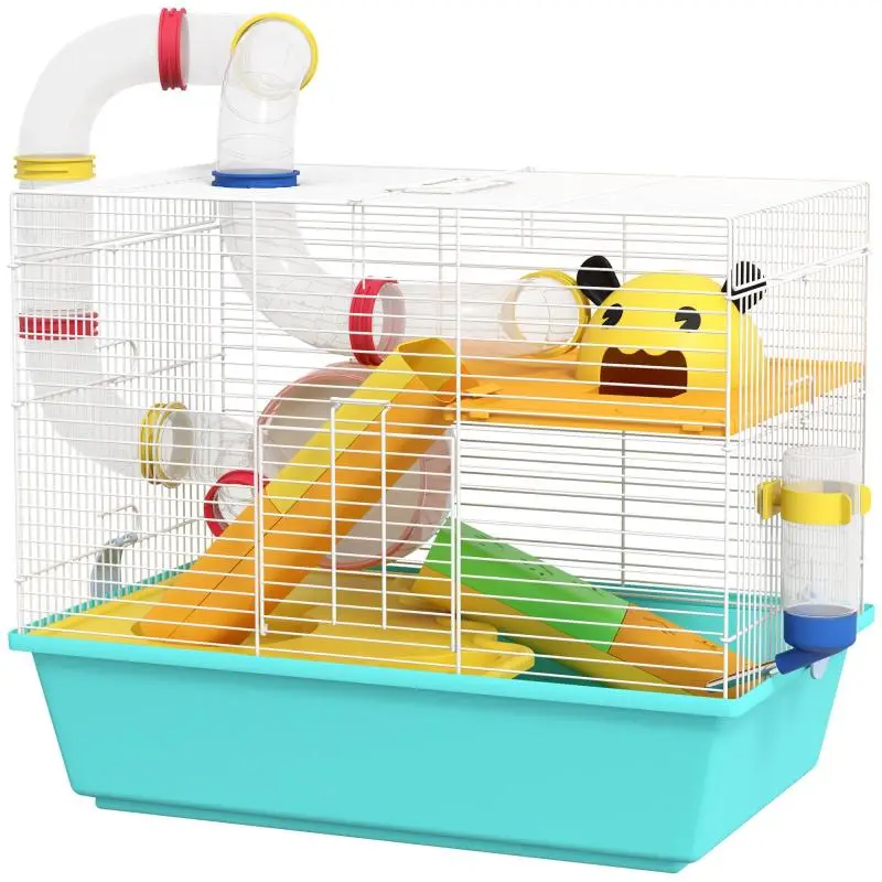Hamster Cage with Tunnel, Platforms, Bowl, Water Bottle, Little House, Ramps, and Exercise Wheel – 45x28x37 cm – Light Blue